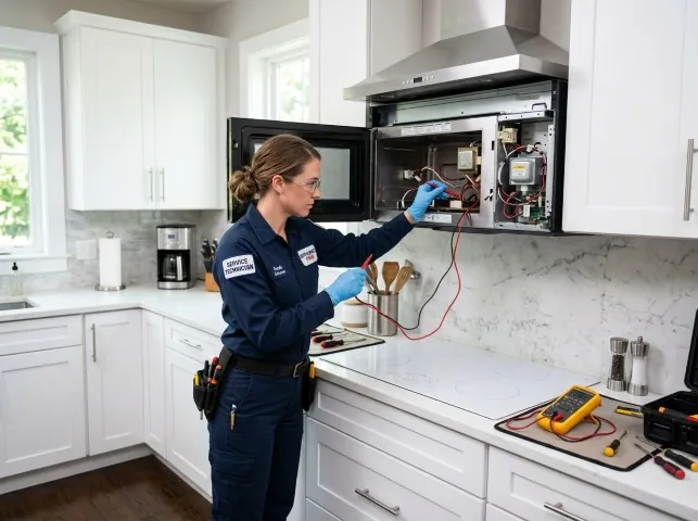 Appliance Repair Hero technician testing an over-the-range microwave in a Butler, NJ kitchen